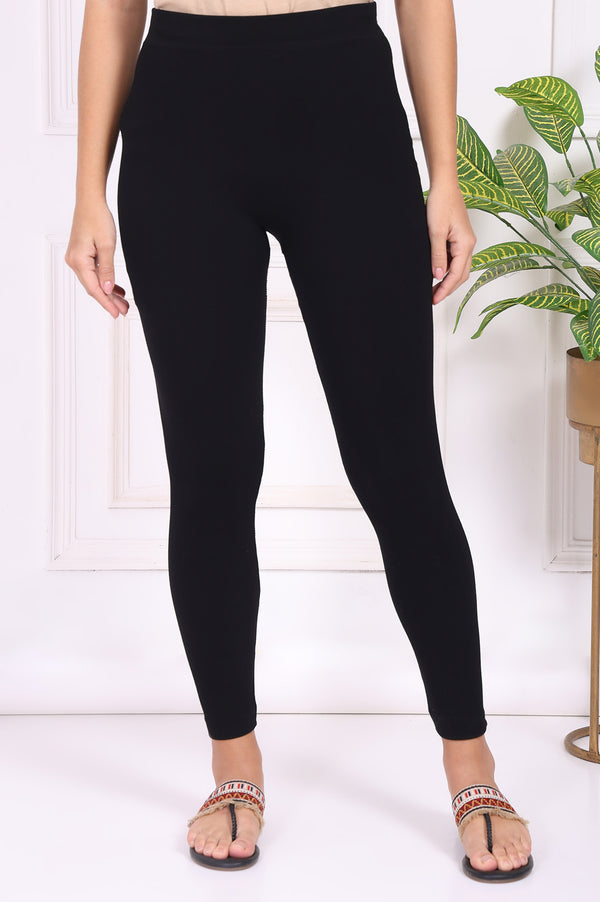 Black Winter Solid Textured Skinny Fit Ankle Length Tights
