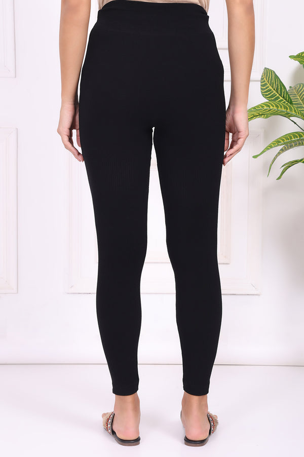 Black Winter Solid Textured Skinny Fit Ankle Length Tights
