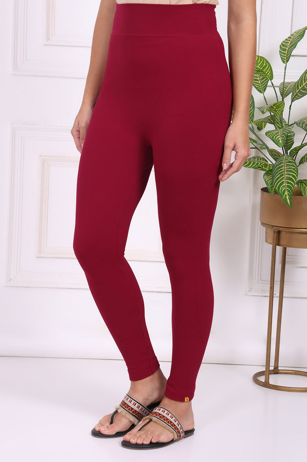 Maroon Winter Solid Textured Skinny Fit Ankle Length Tights