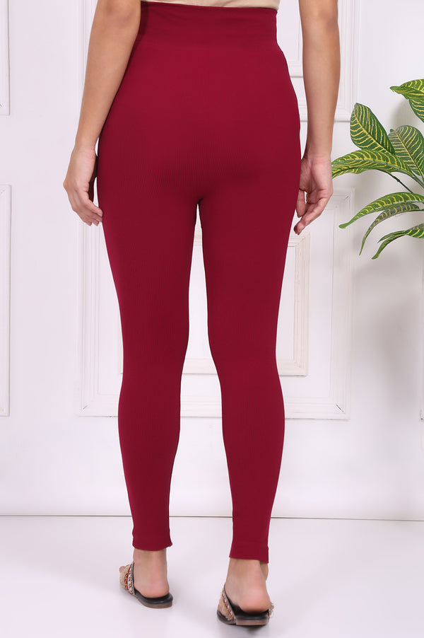 Maroon Winter Solid Textured Skinny Fit Ankle Length Tights