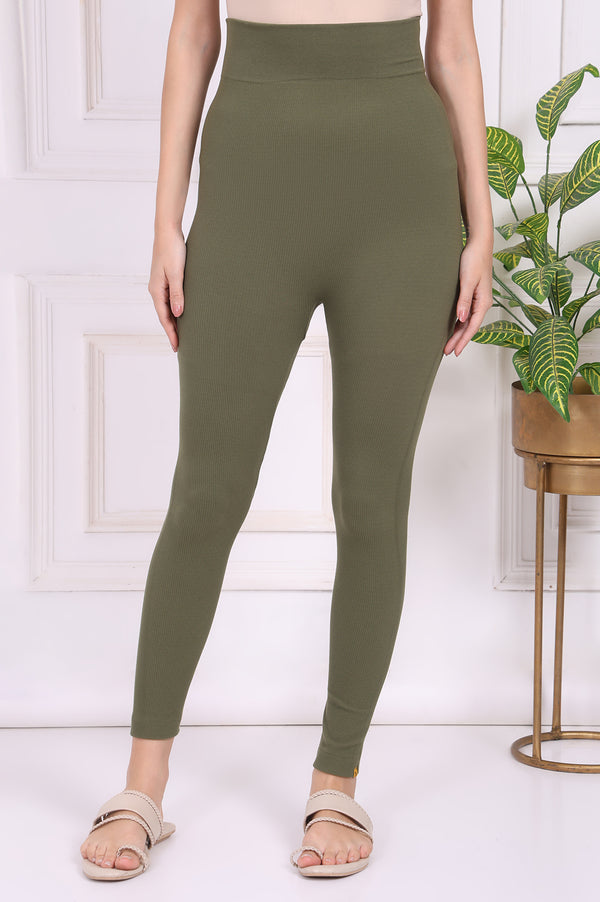 Olive Winter Solid Textured Skinny Fit Ankle Length Tights