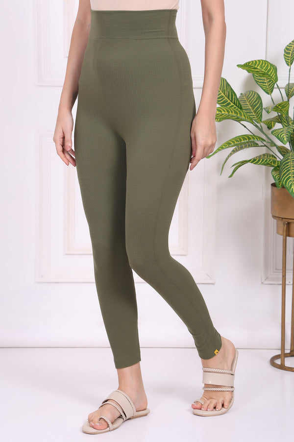 Olive Winter Solid Textured Skinny Fit Ankle Length Tights