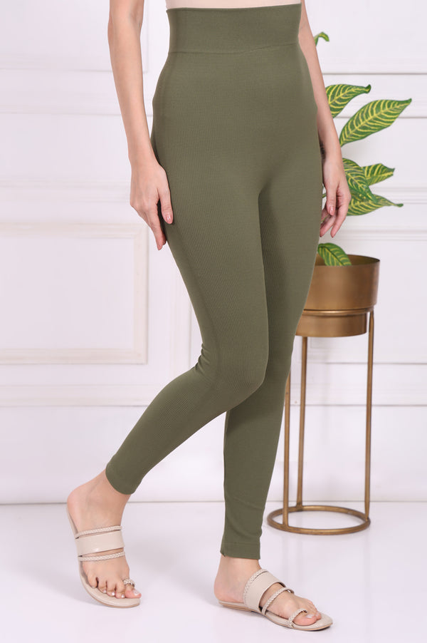 Olive Winter Solid Textured Skinny Fit Ankle Length Tights
