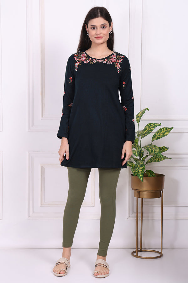Olive Winter Solid Textured Skinny Fit Ankle Length Tights