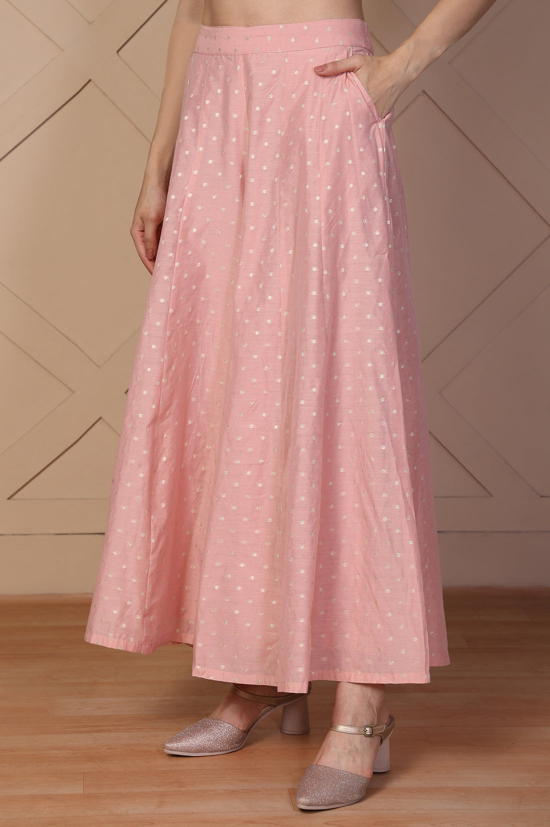 Pink Polka Dot Flared Cotton Skirt