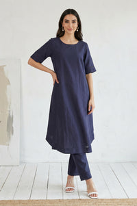 Navy Solid Pure Cotton Straight Fit Ankle Length Trousers