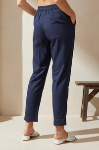 Navy Solid Pure Cotton Straight Fit Ankle Length Trousers