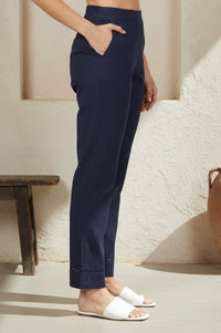Navy Solid Pure Cotton Straight Fit Ankle Length Trousers