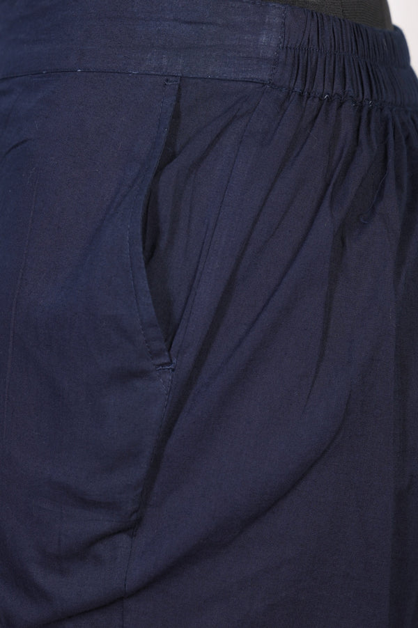 Navy Solid Pure Cotton Straight Fit Ankle Length Trousers