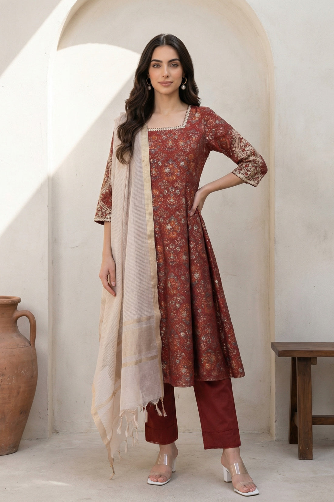 Maroon Solid Pure Cotton Ankle Length Mid Rise Trousers
