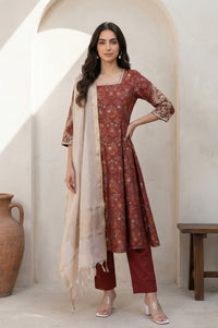 Maroon Solid Pure Cotton Ankle Length Mid Rise Trousers