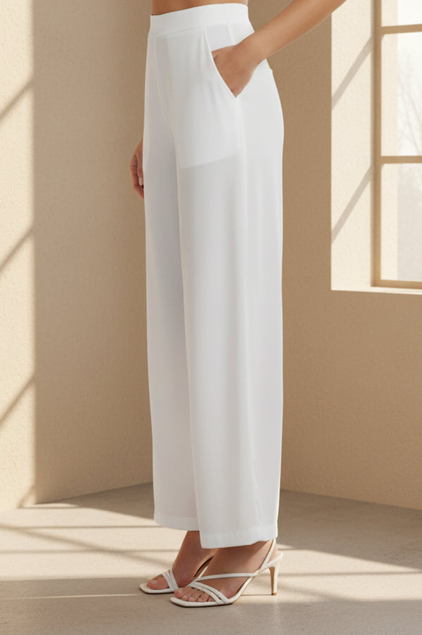 White Solid Wide Leg Ankle Length High Rise Palazzo