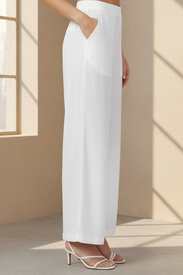 White Solid Wide Leg Ankle Length High Rise Palazzo
