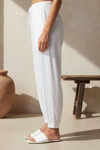 White Solid Ankle Length Rayon Harem Pants