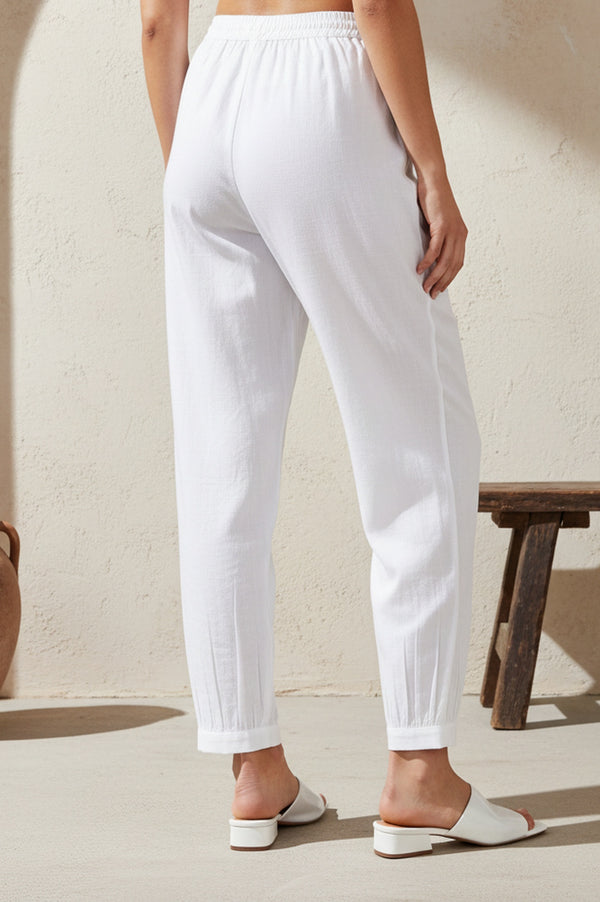 White Solid Ankle Length Rayon Harem Pants