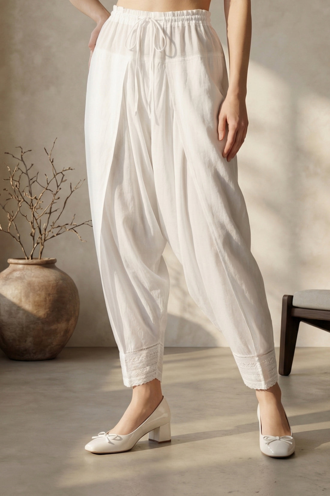 White Rayon Relaxed Fit Ankle Length Salwar with Lace