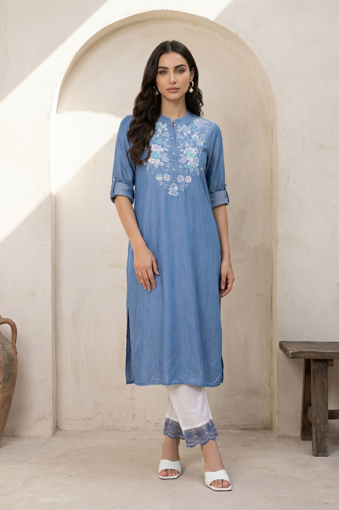 White Embroidered Straight Fit Ankle Length Rayon Trousers