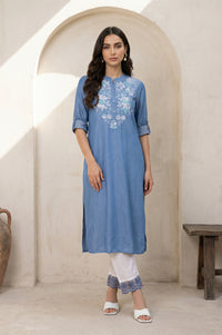 White Embroidered Straight Fit Ankle Length Rayon Trousers