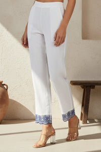 White Embroidered Straight Fit Ankle Length Rayon Trousers