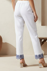 White Embroidered Straight Fit Ankle Length Rayon Trousers