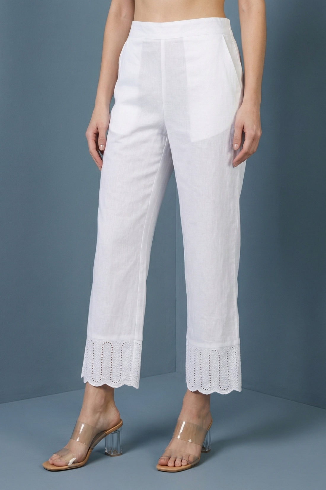 White Pure Cotton Straight Fit Palazzo with Schiffli Hemline