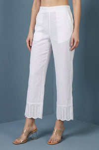White Pure Cotton Straight Fit Palazzo with Schiffli Hemline