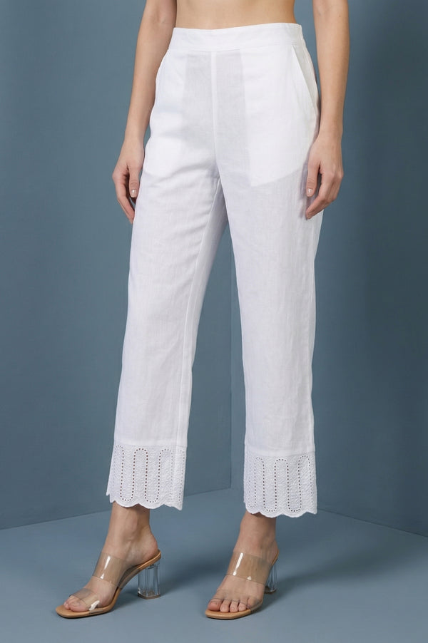 White Pure Cotton Straight Fit Palazzo with Schiffli Hemline