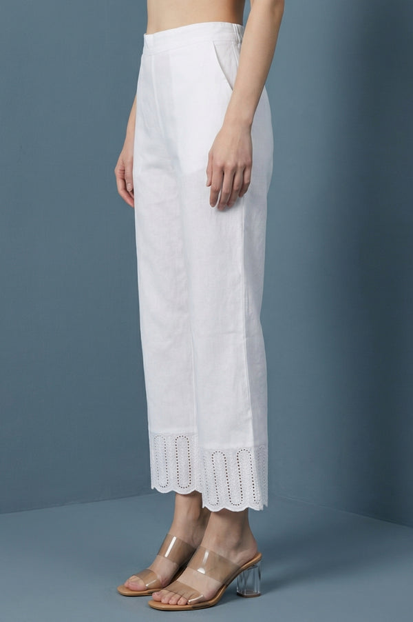 White Pure Cotton Straight Fit Palazzo with Schiffli Hemline