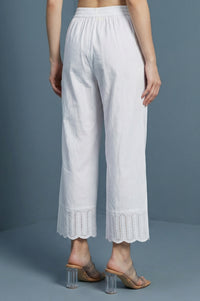 White Pure Cotton Straight Fit Palazzo with Schiffli Hemline