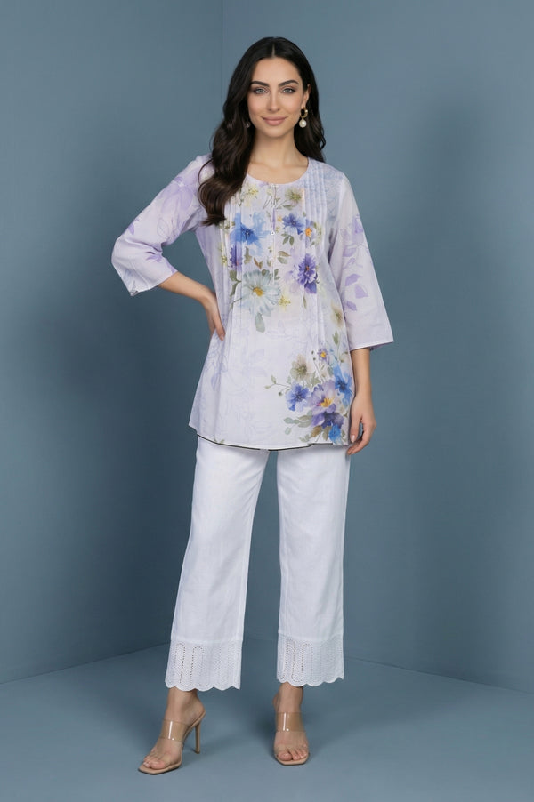 White Pure Cotton Straight Fit Palazzo with Schiffli Hemline