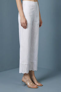 White Pure Cotton Straight Fit Palazzo with Schiffli Hemline