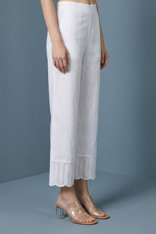 White Pure Cotton Straight Fit Palazzo with Schiffli Hemline