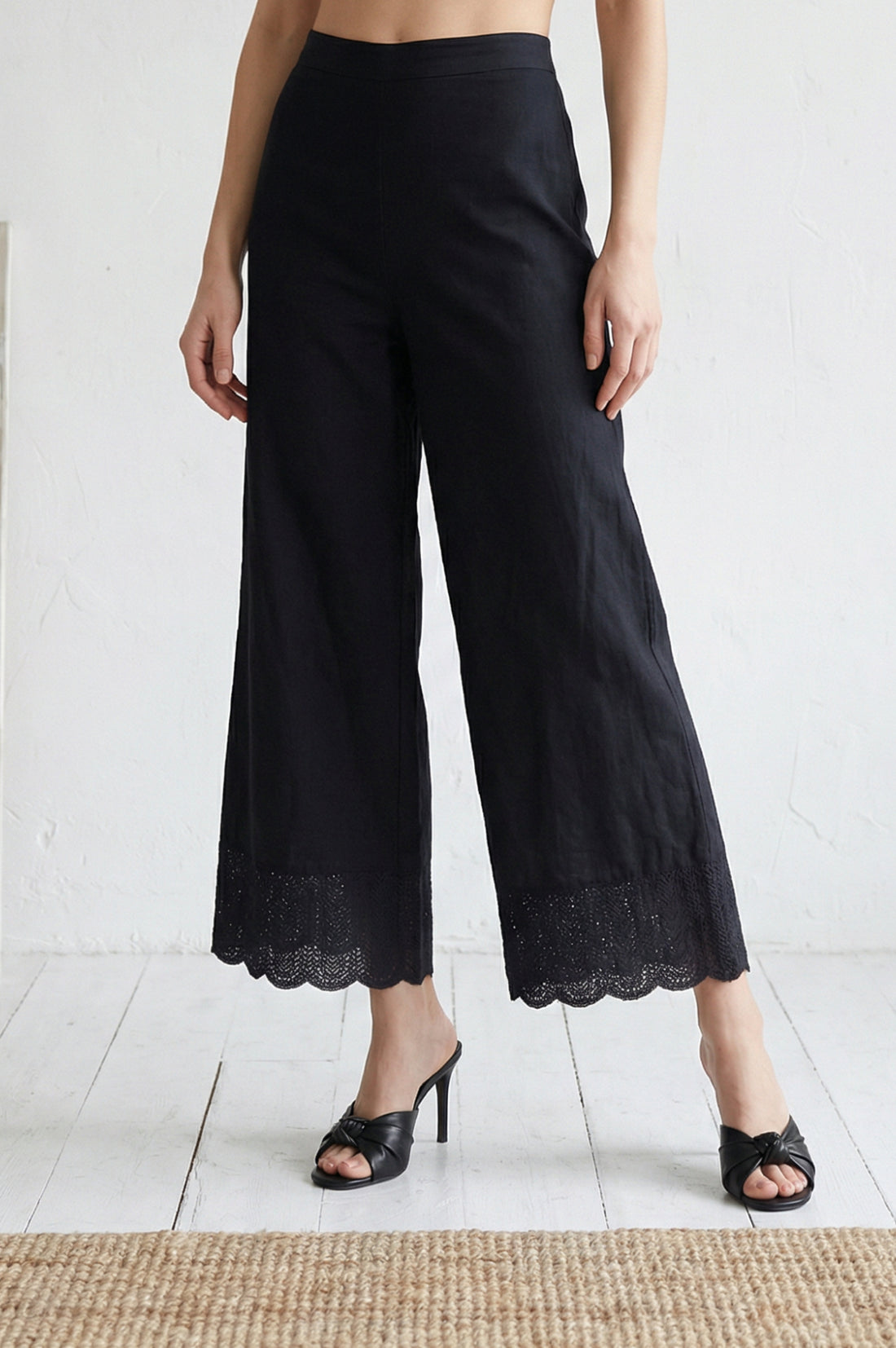 Black Schiffly Embroidered Pure Cotton Wide Leg Ankle Length Palazzo