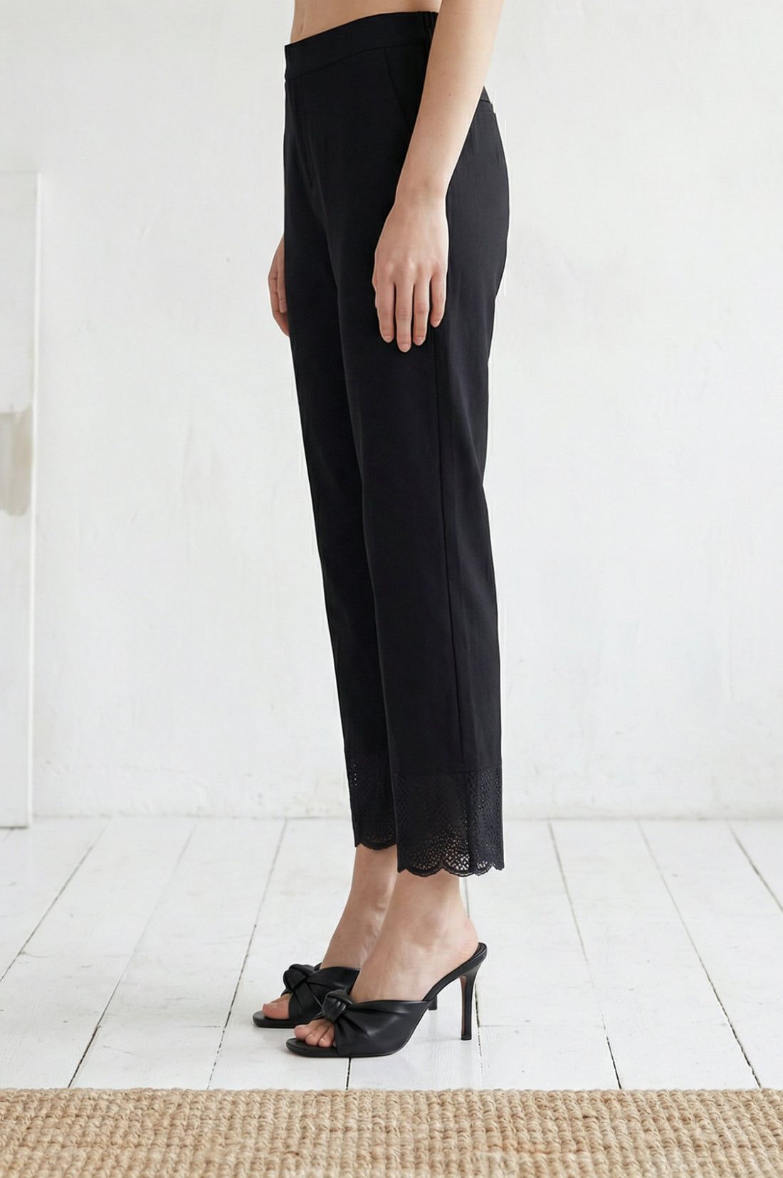 Black Schiffly Embroidered Pure Cotton Wide Leg Ankle Length Palazzo