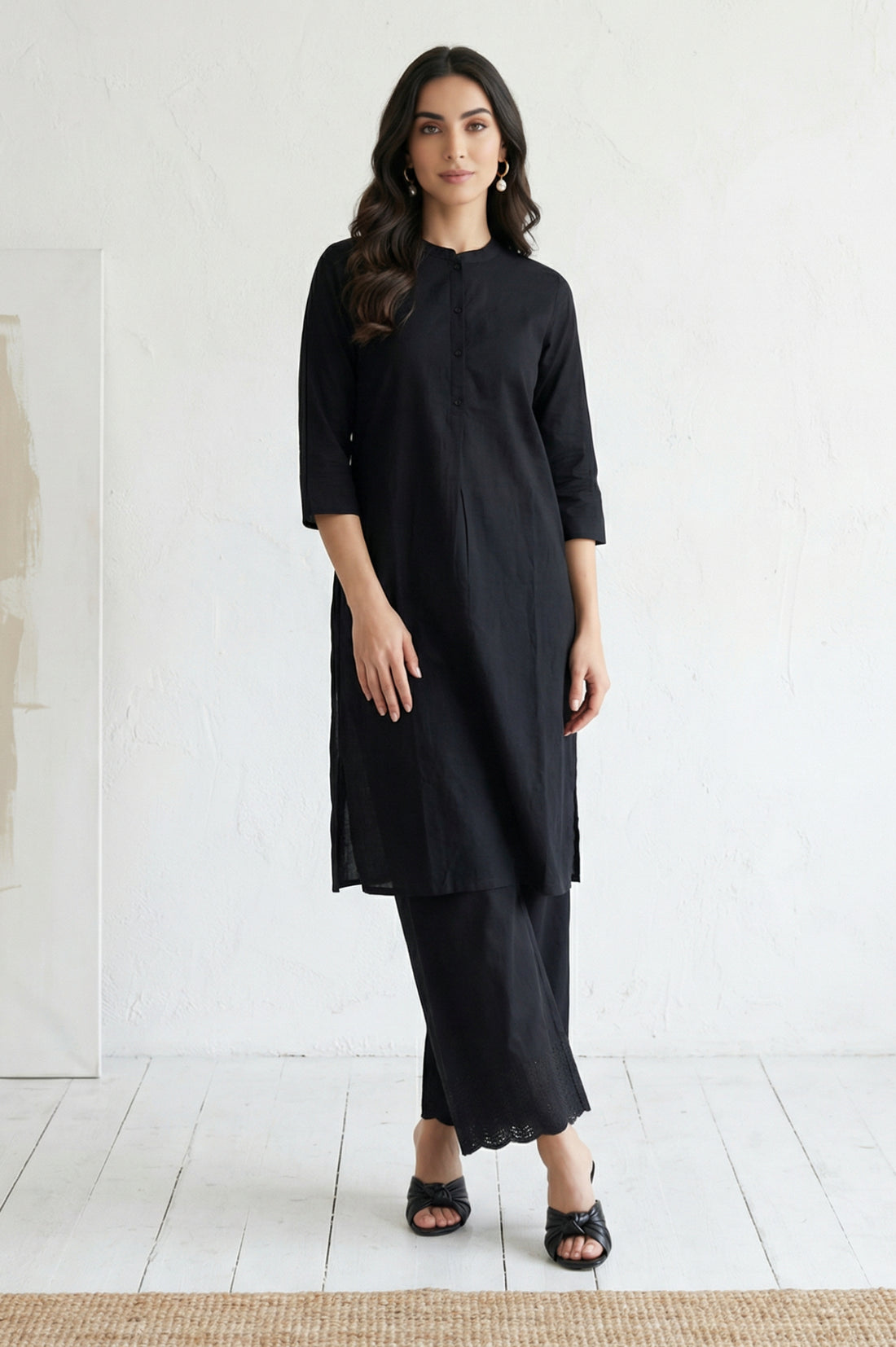 Black Schiffly Embroidered Pure Cotton Wide Leg Ankle Length Palazzo