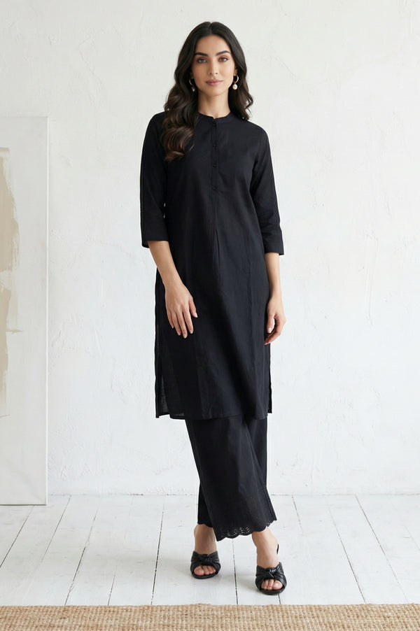 Black Schiffly Embroidered Pure Cotton Wide Leg Ankle Length Palazzo
