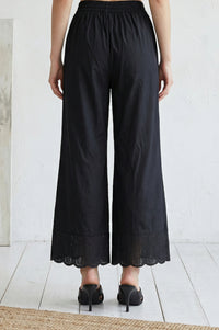Black Schiffly Embroidered Pure Cotton Wide Leg Ankle Length Palazzo
