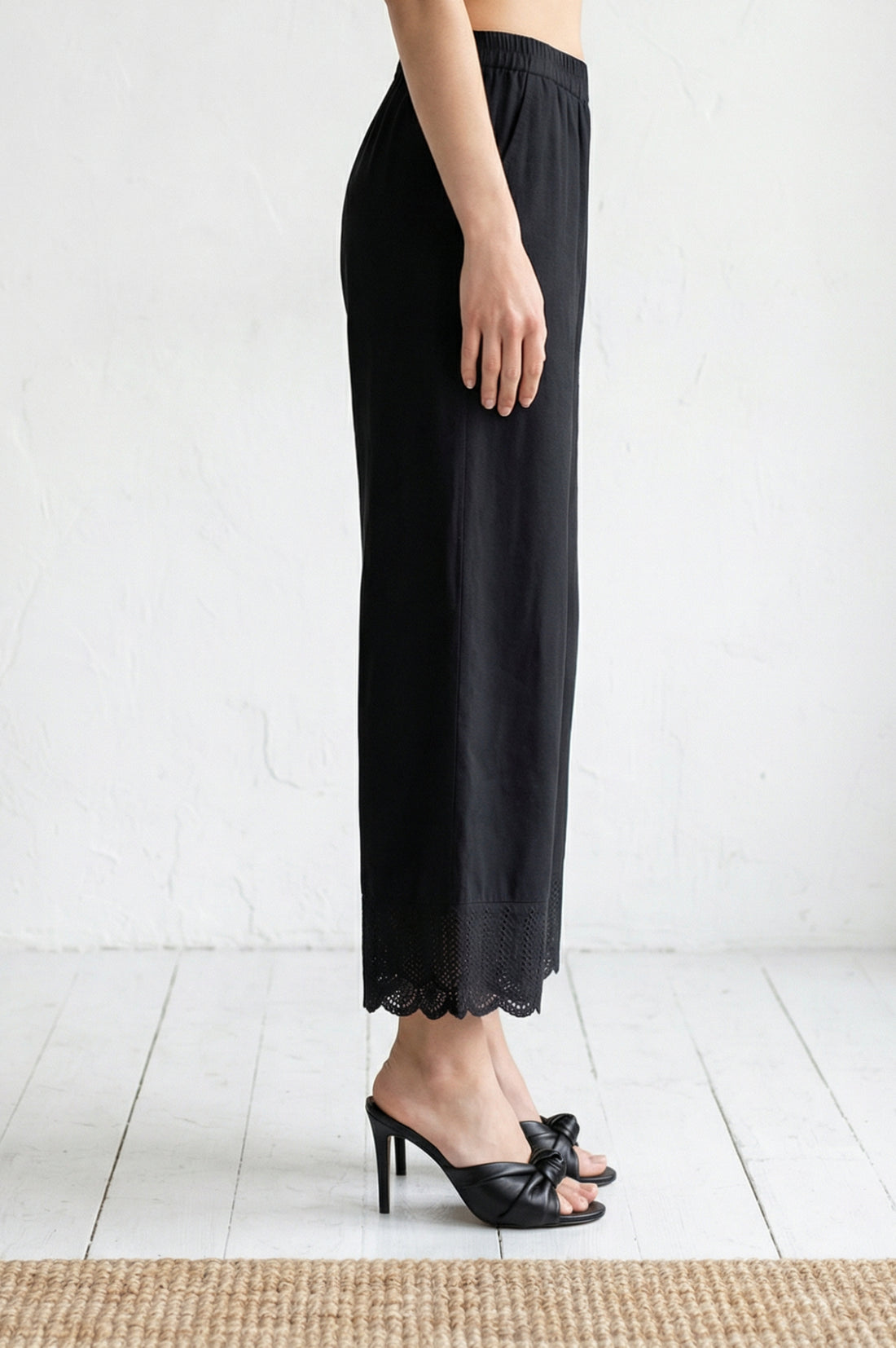 Black Schiffly Embroidered Pure Cotton Wide Leg Ankle Length Palazzo