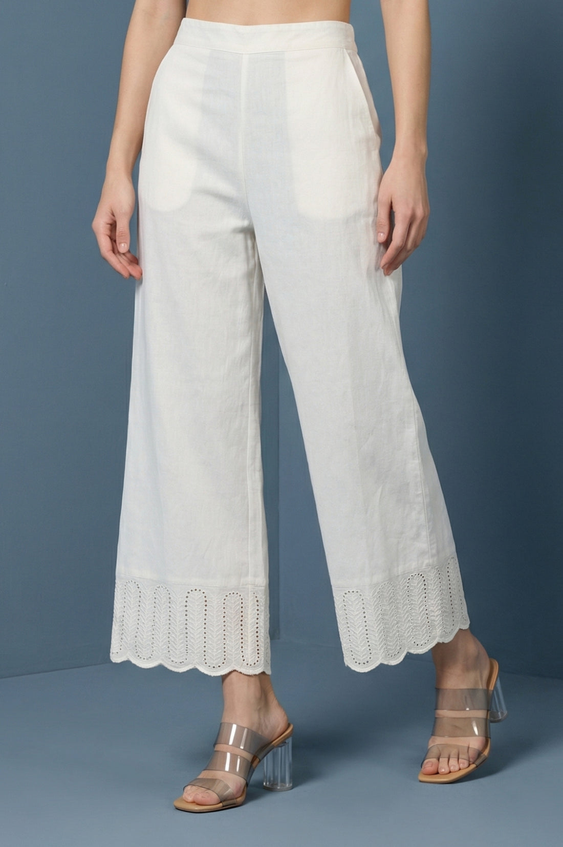 Off-White Pure Cotton Straight Fit Palazzo with Schiffli Hemline