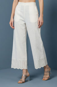 Off-White Pure Cotton Straight Fit Palazzo with Schiffli Hemline