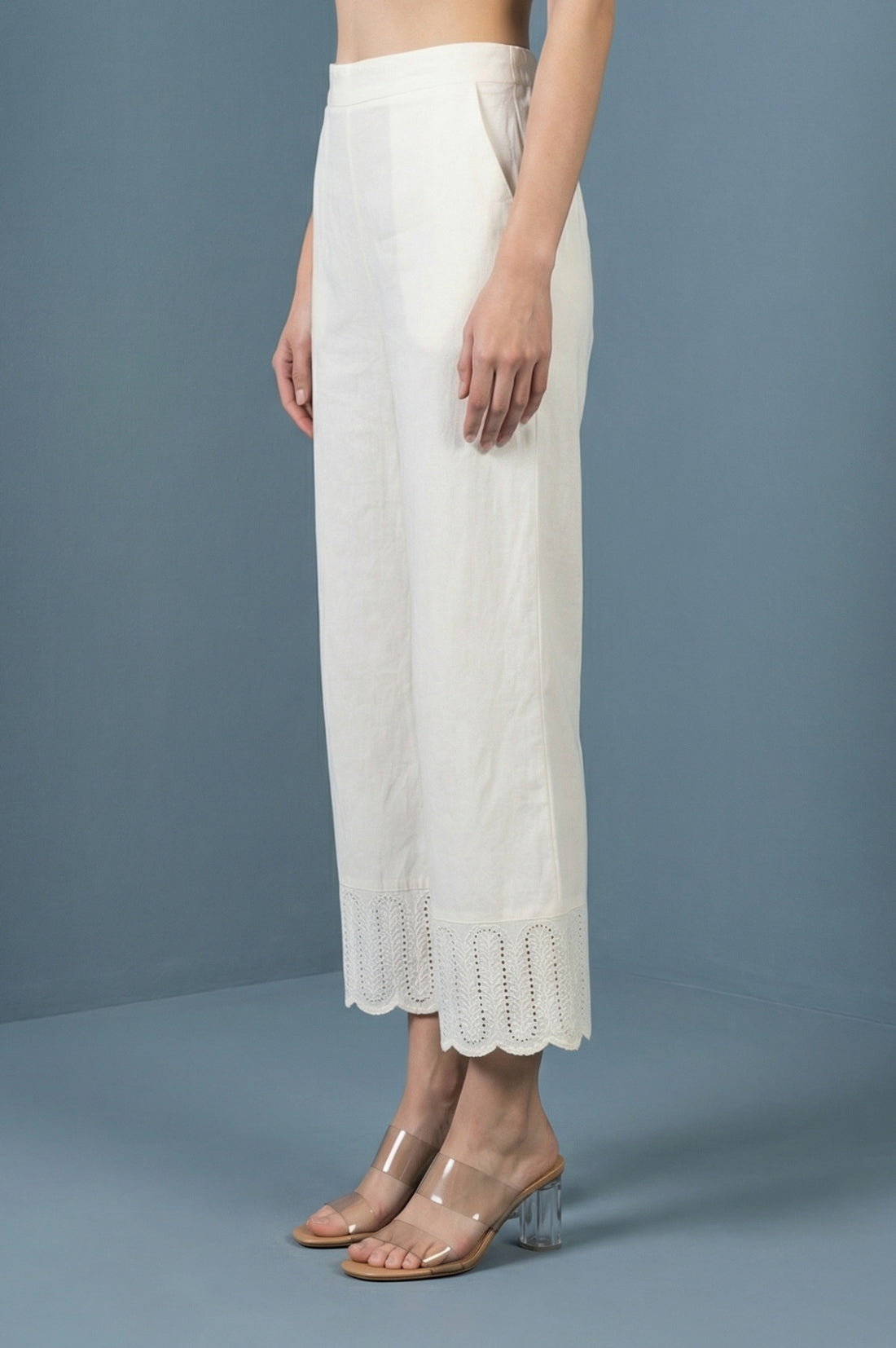 Off-White Pure Cotton Straight Fit Palazzo with Schiffli Hemline