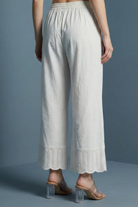Off-White Pure Cotton Straight Fit Palazzo with Schiffli Hemline