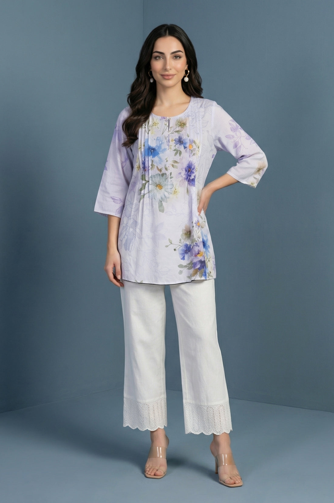 Off-White Pure Cotton Straight Fit Palazzo with Schiffli Hemline