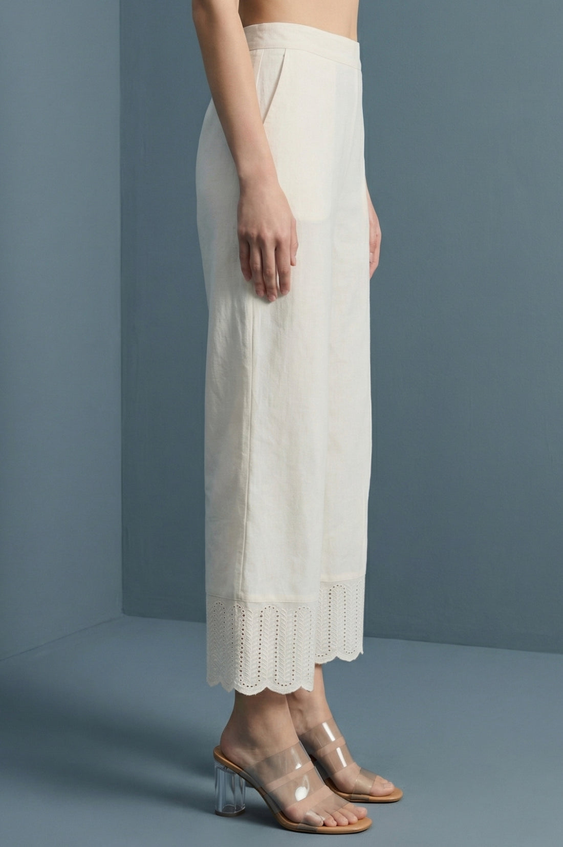 Off-White Pure Cotton Straight Fit Palazzo with Schiffli Hemline