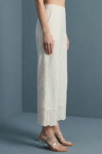 Off-White Pure Cotton Straight Fit Palazzo with Schiffli Hemline