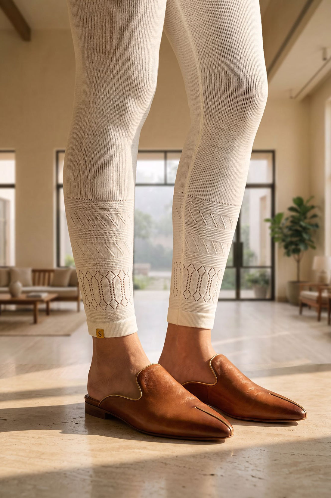 Off White Textured Acrylic Skinny Fit Ankle Length WinterTights