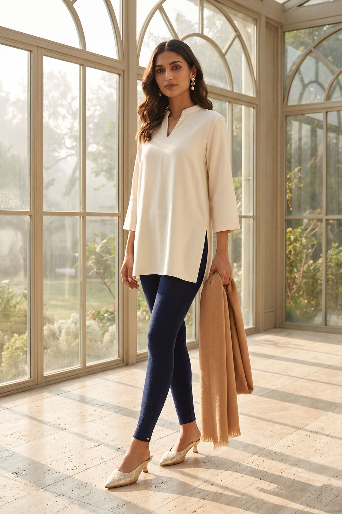 Navy Blue Textured Acrylic Skinny Fit Ankle Length Winter Tights
