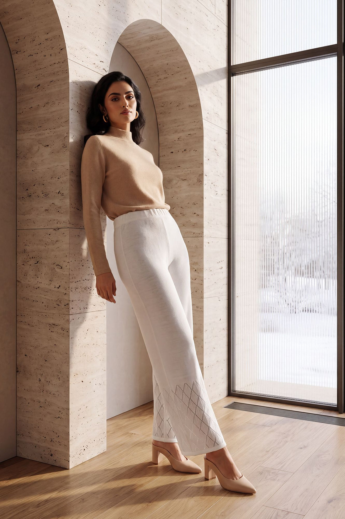 Off White Solid Self Design Charme Acrylic Mid Rise Wide Leg Ankle Length Palazzo