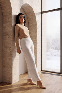 Off White Solid Self Design Charme Acrylic Mid Rise Wide Leg Ankle Length Palazzo