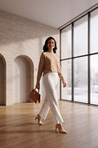 Off White Solid Self Design Charme Acrylic Mid Rise Wide Leg Ankle Length Palazzo